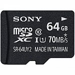 Sony 64GB micro SDXC Class 10 UHS-1, R70 Memory Card $11