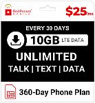 1-Year Red Pocket Prepaid Wireless Phone Plan + SIM: Unlimited Everything + 10GB LTE per month $300