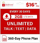 Red Pocket Prepaid Wireless Phone Plan+SIM: Unlmtd Everything 2GB LTE $16.58/Mo ($199 for a year)
