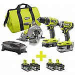 Ryobi 18-Volt ONE+ 3 Tool Brushless Combo Kit w/ 4 Bonus 4Ah Batteries $229 (50% Off)