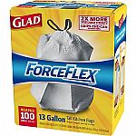 Glad ForceFlex Tall Kitchen Drawstring Trash Bags, 13 Gal, 100 Bags/Box $12