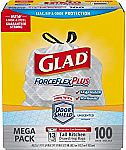 Glad ForceFlex Tall Kitchen Drawstring Trash Bags, 13 Gal, 100 Bags/Box $10