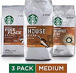 Starbucks Three 12-oz. Bags Ground Coffee (Decaf, Dark, and Medium Roasts) $17.59