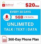 12-Month Redpocket Unlimited Calls + Text & 5GB LTE data/mo $219 (18.25 Per Month)