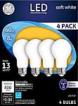 4-Pack GE 800-Lumen A19 Dimmable LED Bulbs $3.99 (Org 13)
