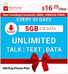 360-Day Red Pocket Prepaid Plans: Unlimited Talk & Text + 5GB Data / Month $210, 20GB Plan $300