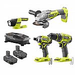 RYOBI 18V ONE+ Li-Ion Brushless 4-Tool Combo Kit with Drill, Grinder, Impact Driver, Light, (2)1.5Ah Batteries and Charger $158.47