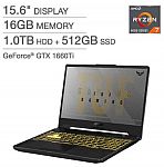 ASUS TUF Gaming A15 15.6" Laptop: Ryzen 7-4800H, GeForce GTX 1660-Ti, 144Hz 1080p, 16GB 1TB $899.99