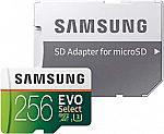 Samsung EVO Select 256GB MicroSDXC UHS-I U3 100MB/s Full HD & 4K UHD Memory Card with Adapter $25