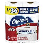 36-Count Charmin Ultra Strong Toilet Paper (Super Mega Rolls) $36.58