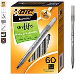 Bic Round Stic Xtra Life Ballpoint Pen, 1.0mm, 60-Count $5