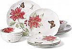 12-Pc Lenox Butterfly Meadow Christmas Poinsettia Dinnerware Set $80.59