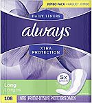 108-Ct Always Xtra Protection Long Daily Liners (Unscented) (2 for $10.50) & More