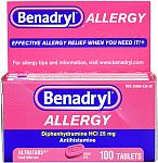 100-Ct Benadryl Ultratabs Antihistamine Allergy Relief Tablets $2.79