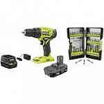 RYOBI 18V Cordless ONE+ 1/2 in. Drill/Driver Kit Bundle $59