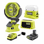 RYOBI ONE+ 18V Cordless 3-Tool Campers Kit (Area Light, Bluetooth Speaker, Clamp Fan and Battery) $69 and more