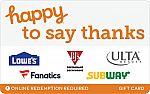 $50 Gift Card + $7.50 Bonus Gift Card (Lowes, Chipotle, Ulta & More) $50 & More