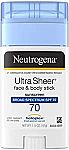 Neutrogena Ultra Sheer Non-Greasy Sunscreen Stick, SPF70, 1.5oz 2 for $9