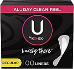 100-Ct U by Kotex Barely There Liners (Light Absorbency, Regular Length, Unscented) $3.65