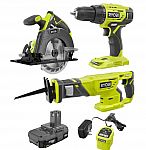 RYOBI ONE+ 18V Li-Ion Cordless 3-Tool Kit (Driver, Circular Saw, reciprocating saw) with (1) Battery $79  & More