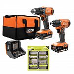 RIDGID 18V Cordless 2-Tool Combo Kit with Batteries and Impact Rated Driving Kit $89