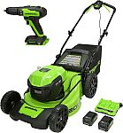 Greenworks 48V 20" Push Lawn Mower + 24V Drill / Driver + 2x 4.0Ah USB Batteries & Charger $196.51
