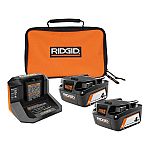 RIDGID 18V Lithium-Ion (2) 4.0 Ah Battery Starter Kit with Charger and Bag $99