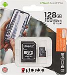 128GB Kingston microSDXC Canvas Select Plus 100MB/s Read A1 Class 10 UHS-I Memory Card + Adapter $9.99
