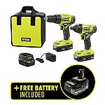Ryobi ONE+ 18V Cordless 2-Tool Combo Kit + 3x Batteries, Charger, Bag $99