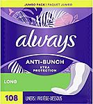 2 x 108 ct Always Anti-Bunch Xtra Protection Daily Panty Liners Long $10.80 and more
