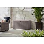 Hampton Bay 110 Gal. Grey Resin Wood Look Outdoor Storage Deck Box with Lockable Lid $103 and more