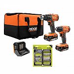 RIDGID 18V Cordless 2-Tool Combo Kit with Batteries and Impact Rated Driving Kit $89