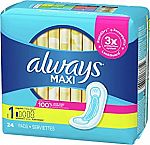 24 Count Always Maxi Feminine Pads for Women, Regular Absorbency $2.70 (or $1.70 - YMMV)