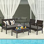 Costway 4 Pieces Patio Rattan Wicker Furniture Set Brown Loveseat Sofa $190 and more