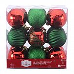 Holiday Time 70 mm Round Christmas Shatterproof Ornaments, Red & Green, 18 Count $3