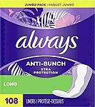 108-Count Always Anti-Bunch Xtra Protection Panty Liners (Long, Unscented) (2 for $10.50)