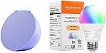 Echo Pop | Charcoal with Amazon Basics Smart Color Bulb $17.99