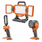 Ridgid 3-Tool Combo Kit with LED Stick Light, LED Spotlight, and LED Hybrid Panel Light $109