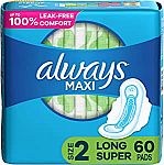 60 Count Always Maxi Feminine Pads SIze 2 With Wings $6.95 and more