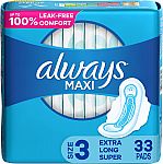 33-Count Always Women's Maxi Feminine Pads (Size 3, Unscented) $4.57