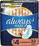 33-Ct Always Maxi Pads Size 4 Overnight $5