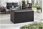 Hampton Bay 120 Gal. Wicker Deck Box Java with Gas Shock Closure $87 and more