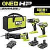 RYOBI ONE+ HP 18V Brushless Cordless 3-Tool Combo Kit with (2) 1.5 Ah Batteries, Charger, and Bag $149 and more