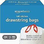 200 Count Amazon Basics Tall Kitchen Drawstring Trash Bags, 13 Gallon $15.80