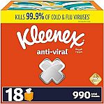 18-Boxes 55-Ct Kleenex Anti-Viral Facial Tissues $21.60 and more