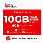 360-Day Red Pocket Prepaid Plan: Unlimited Talk & Text + 10GB LTE / Mon $190