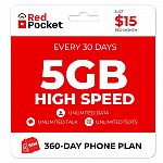 360-Day Red Pocket Prepaid Plan: Unlimited Talk & Text + 5GB High Speed / Mon $120 and more