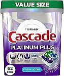 62-Count Cascade Platinum Plus ActionPacs Dishwasher Detergent Pods (Fresh) $15.30