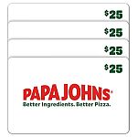 4X$25 ($100) Papa Johns Pizza E-Gift Cards $75