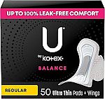 50-Ct U by Kotex Balance Ultra Thin Pads with Wings $6